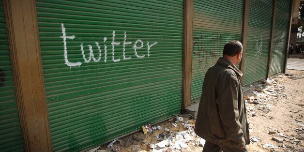 CAIRO, EGYPT - FEBRUARY 04: A shop in Tahrir Square is spray painted with the word Twitter after the government shut off internet access on February 4, 2011 in Cairo, Egypt. Anti-government protesters have called today 'The day of departure'. Thousands have again gathered in Tahrir Square calling for Egyptian President Hosni Mubarak to step down. (Photo by Peter Macdiarmid/Getty Images)