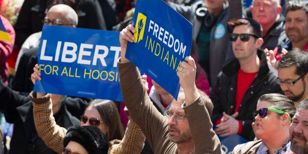 Thousands of opponents of Indiana Senate Bill 101, the Religious Freedom Restoration Act, gathered on the lawn of the Indiana State House to rally against that legislation Saturday, March 28, 2015.  Republican Gov. Mike Pence signed a bill Thursday prohibiting state laws that