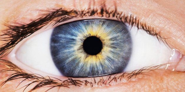 Macro shot of bright blue human eye