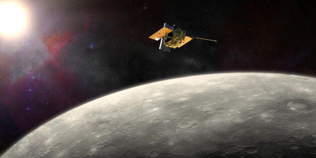 This artist's rendering provided by NASA shows the MErcury Surface, Space ENvironment, GEochemistry, and Ranging (MESSENGER) spacecraft around Mercury. On Thursday, April 16, 2015, NASA announced that after years of orbiting the planet, the spacecraft will crash into the planet at the end of the month. (NASA/JHU APL/Carnegie Institution of Washington via AP)