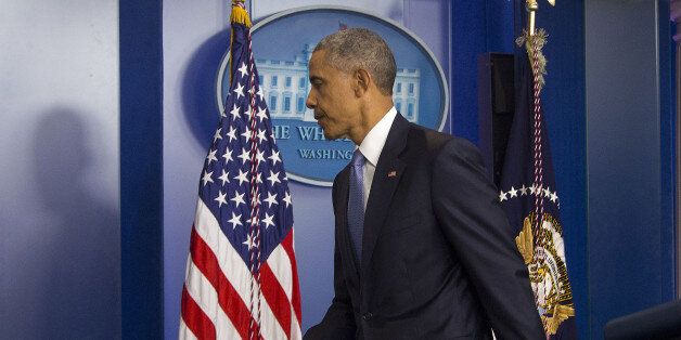 President Barack Obama walks away the podium after speaking in the Brady Press Briefing Room of the White House in Washington, Thursday, April 23, 2015. The president took full responsibility for deaths of American, Italian hostages, expresses apologies.  (AP Photo/Pablo Martinez Monsivais)