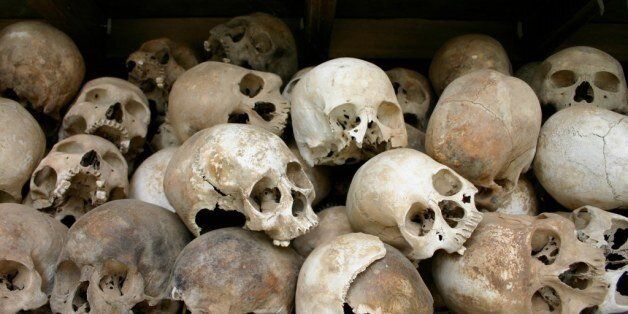 Skulls in the Choeung Ek Memorial of people murdered during the Khmer Rouge regime led by Pol Pot from 1975-1979.
