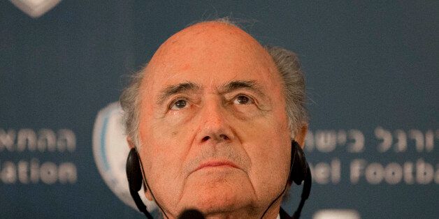 FIFA President  Sepp Blatter attends a press conference in Jerusalem, Tuesday, May 19, 2015. Blatter said Tuesday he is on a âmission of peaceâ to resolve tensions between the Israeli and Palestinian soccer federations in hopes of staving off a Palestinian bid to oust Israel from the world governing body. (AP Photo/Tsafrir Abayov)