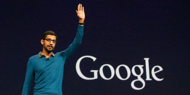 Sundar Pichai, senior vice president of Android, Chrome and Apps, waves after speaking during the Google I/O 2015 keynote presentation in San Francisco, Thursday, May 28, 2015. (AP Photo/Jeff Chiu)
