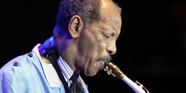 U.S. jazz legend Ornette Coleman plays the sax during his only concert in Germany at the philharmonic concert house in Essen, Germany, Wednesday, Feb. 14, 2007. (AP Photo/Martin Meissner)