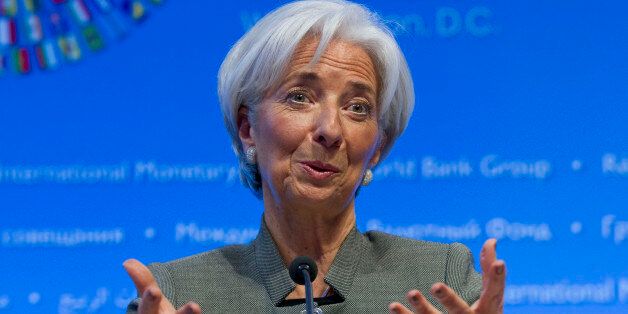International Monetary Fund (IMF) Managing Director Christine Lagarde gestures while speaking at a news conference during the World Bank/IMF Annual Meetings at IMF headquarters in Washington, Thursday, April 16, 2015. (AP Photo/Jose Luis Magana)