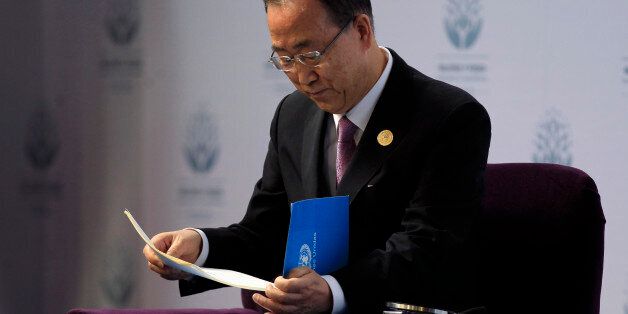 United Nations Secretary-General Ban Ki-Moon attends a conference organized by UN Women in Santiago, Chile, Friday, Feb. 27, 2015. (AP Photo/Luis Hidalgo)