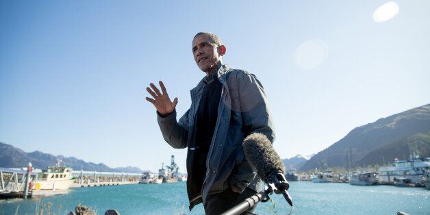 President Barack Obama speaks to reporters before taking a boat tour at the Kenai Fjords National Park, Tuesday, Sept. 1, 2015, in Seward, Alaska. Obama is on a historic three-day trip to Alaska aimed at showing solidarity with a state often overlooked by Washington, while using its glorious but changing landscape as an urgent call to action on climate change. (AP Photo/Andrew Harnik)