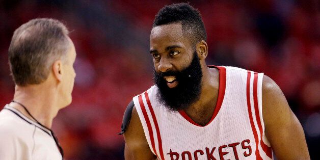 Houston Rockets guard James Harden (13) talks with an official during the second half in Game 4 of the NBA basketball Western Conference finals against the Golden State Warriors Monday, May 25, 2015, in Houston. (AP Photo/David J. Phillip)