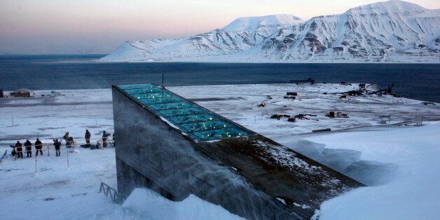 Snow blows off the Svalbard Global Seed Vault before being inaugurated at sunrise, Tuesday, Feb. 26, 2008. The