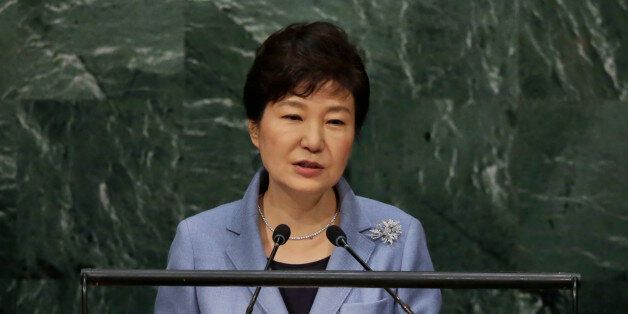 South Korea's President Park Geun-hye addresses the 70th session of the United Nations General Assembly, Monday, Sept. 28, 2015. (AP Photo/Richard Drew)