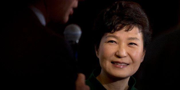 South Korean President Park Geun-hye smiles after speaking to the U.S. Chamber of Commerce and the U.S.-Korea Business Council annual meeting in Washington, Thursday, Oct. 15, 2015.   (AP Photo/Manuel Balce Ceneta)