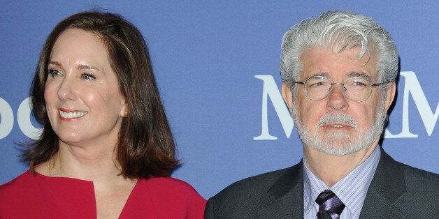 Kathleen Kennedy, at left, and George Lucas arrives at Women in Film's 2013 Crystal + Lucy Awards at The Beverly Hilton Hotel on Wednesday, June 12, 2013 in Beverly Hills, Calif. (Photo by Katy Winn/InvisionE/AP)