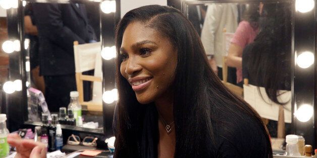 Serena Williams speaks to reporters after presenting the Serena Williams Spring 2016 collection during Fashion Week in New York, Tuesday, Sept. 15, 2015. (AP Photo/Mary Altaffer)