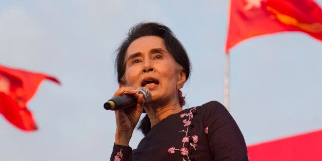 Myanmar opposition leader Aung San Suu Kyi speaks during an election campaign rally of her National League for Democracy party for upcoming general election Sunday, Nov 1, 2015, in Yangon, Myanmar. Myanmar's general elections are scheduled for Nov. 8, the first since a nominally civilian government was installed in 2011. (AP Photo/Khin Maung Win)