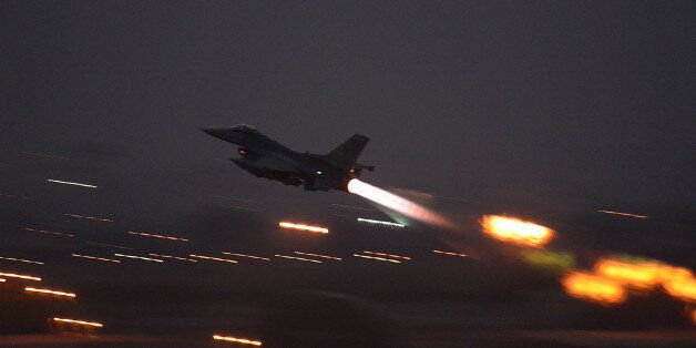 In this image provided by the U.S. Air Force, an F-16 Fighting Falcon takes off from Incirlik Air Base, Turkey, as the U.S. on Wednesday, Aug. 12, 2015, launched its first airstrikes by Turkey-based F-16 fighter jets against Islamic State targets in Syria, marking a limited escalation of a yearlong air campaign that critics have called excessively cautious.  (Krystal Ardrey/U.S. Air Force via AP))