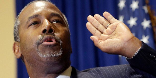 Republican presidential candidate Ben Carson speaks to reporters during a news conference before the Black Republican Caucus of S. Florida