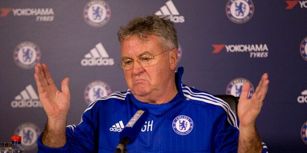 Chelsea's new manager until the end of the season, Guus Hiddink, gives his first press conference since being appointed, at the club's training facilities in Stoke d'Abernon, near London, Wednesday, Dec. 23, 2015.  (AP Photo/Matt Dunham).