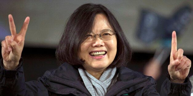 Tsai Ing-wen presidential candidate of Taiwan's Democratic Progressive Party, gestures during a rally in Taoyuan district of Taipei, Taiwan, Thursdy, Jan. 14, 2016.  Taiwan will hold its presidential election on Jan. 16, 2016.  (AP Photo/Ng Han Guan)