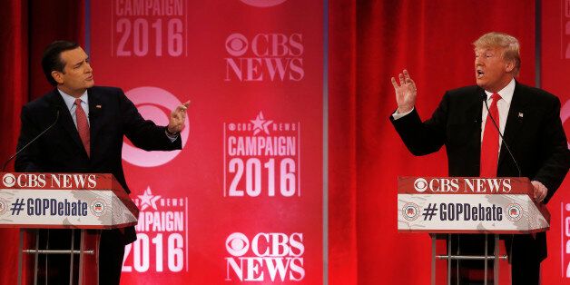 Republican presidential candidate, businessman Donald Trump, right, and Republican presidential candidate, Sen. Ted Cruz, R-Texas, speak at the same time during the CBS News Republican presidential debate at the Peace Center, Saturday, Feb. 13, 2016, in Greenville, S.C. (AP Photo/John Bazemore)
