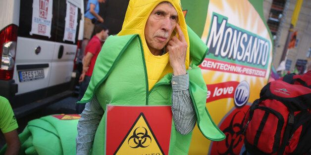 A demonstrator holds a poster during a World March Against Monsanto event in Lisbon Saturday, May 23, 2015. Marches and rallies against Monsanto, a sustainable agriculture company and genetically modified organisms (GMO) food and seeds were held in dozens of countries in a global campaign highlighting the dangers of GMO Food. (AP Photo/Armando Franca)