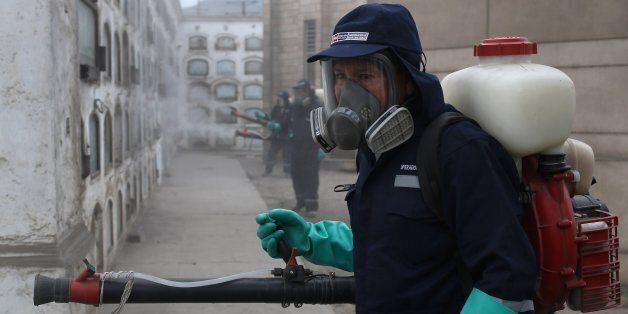 Health workers fumigate against the Aedes aegypti mosquito, a vector for the spread of Dengue, Chikungunya and Zika virus, at Presbitero Maestro cemetery in Lima, Peru, Friday, Feb. 12, 2016. The Aedes aegypti mosquito known to live and breed in people's homes and yards, making it tough to reach with sprays and often requiring labor-intensive door-to-door interventions. (AP Photo/Martin Mejia)