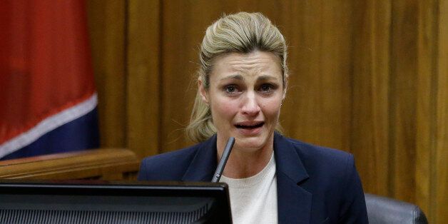 Sportscaster and television host Erin Andrews testifies Monday, Feb. 29, 2016, in Nashville, Tenn. Andrews has filed a $75 million lawsuit against the franchise owner and manager of a luxury hotel and a man who admitted to making secret nude recordings of her in 2008. (AP Photo/Mark Humphrey, Pool)