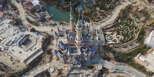 SHANGHAI, CHINA - MARCH 27:  (CHINA OUT) Aerial view of the Shanghai Disneyland Park under construction on March 27, 2016 in Shanghai, China. Shanghai Disneyland Park sold ticket from Monday and would open on June 16.  (Photo by VCG/VCG via Getty Images)