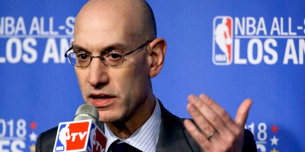 FILE - In this March 22, 2016 file photo, NBA Commissioner Adam Silver gestures during a news conference in Los Angeles. The NBA will begin selling jersey sponsorships in 2017-18, becoming the first major North American sport to put partners' logos on players' uniforms. Commissioner Adam Silver had said this step was inevitable as an additional revenue generator.  (AP Photo/Chris Carlson, File)