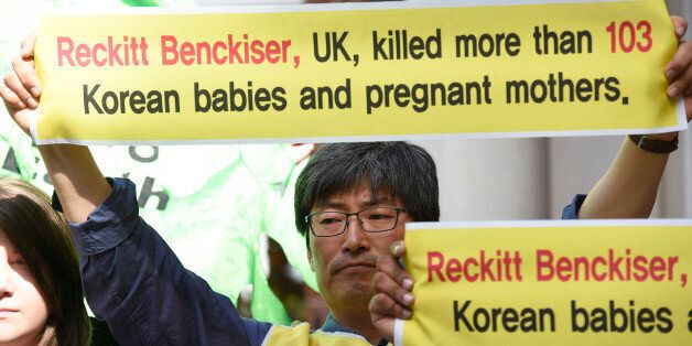 Protestors who claim that a sterilising hygiene product made by Reckitt Benckiser has led to deaths in South Korea, demonstrate ahead of the company's annual general meeting in London, Britain May 5, 2016. REUTERS/Toby Melville