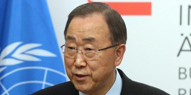 U.N. Secretary General Ban Ki-moon speaks during a press conference as part of a meeting with Austrian Foreign Minister Sebastian Kurz at the foreign ministry in Vienna, Austria, Tuesday, April 26, 2016. (AP Photo/Ronald Zak)