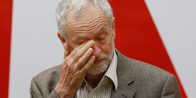 Jeremy Corbyn, Leader of Britain's Labour Party wipes his eye at the launch of 'Labour In for Britain', in front of the EU campaign bus, ahead of June's EU referendum, in London, Tuesday, May 10, 2016. (AP Photo/Kirsty Wigglesworth)