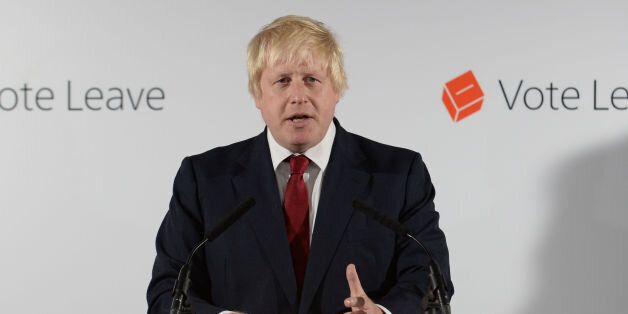 Vote Leave campaigner Boris Johnson holds a press conference at Vote Leave headquarters  in London Friday June 24, 2016.  Britain's Prime Minister David Cameron announced Friday  that he will quit as Prime Minister following a defeat in the referendum which ended with a vote for Britain to leave the European Union. (Stefan Rousseau/Pool via AP)