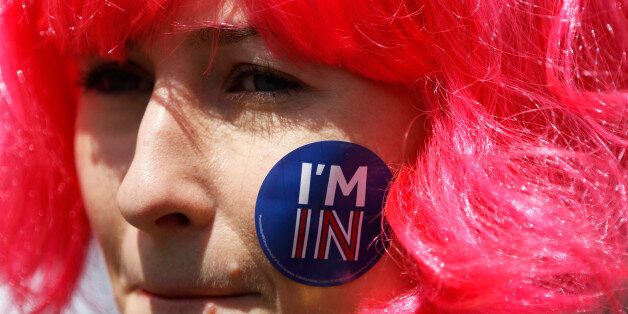 A woman with a sticker of her face attends a 'March for Europe' demonstration against Britain's decision to leave the European Union, in central London, Britain July 2, 2016. Britain voted to leave the European Union in the EU Brexit referendum.    REUTERS/Tom Jacobs