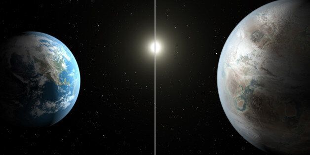 This artist's rendering made available by NASA on Thursday, July 23, 2015 shows a comparison between the Earth, left, and the planet Kepler-452b. It is the first near-Earth-size planet orbiting in the habitable zone of a sun-like star, found using data from NASA's Kepler mission. The illustration represents one possible appearance for the exoplanet - scientists do not know whether the it has oceans and continents like Earth. (NASA/Ames/JPL-Caltech/T. Pyle via AP)