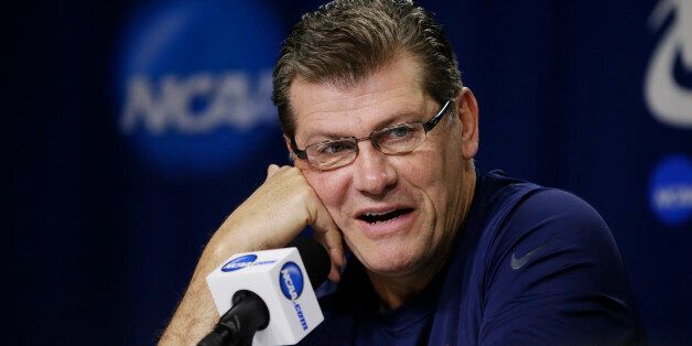 Connecticut coach Geno Auriemma speaks Sunday, March 30, 2014, at a news conference ahead of a regional finals game in the NCAA college basketball tournament in Lincoln, Neb. Connecticut will play Texas A&M in the finals on Monday. (AP Photo/Nati Harnik)