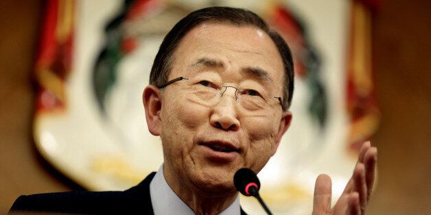 UN Secretary-General Ban Ki-moon, speaks during a press conference with World Bank President Jim Yong Kim, Jordan's Foreign Minister Nasser Judeh and Jordan's Planning Minister Imad Fakhoury, at the Ministry of Foreign Affairs in Amman, Jordan, Sunday, March 27, 2016. (AP Photo/Raad Adayleh)