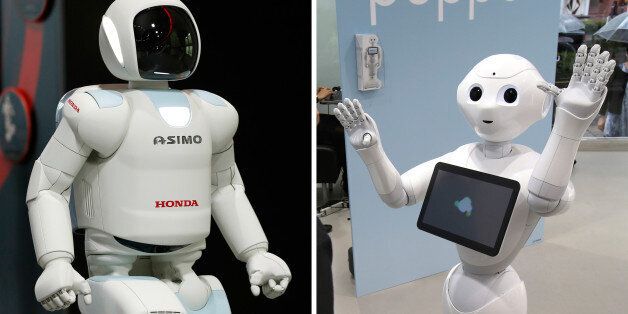 FILE  - This combination of file photos taken on July 3, 2013, left, and June 6, 2014 both in Tokyo shows Japanese automaker Honda Motor Co.âs walking robot Asimo, left, and Japanese internet company SoftBank's humanoid robot Pepper. Is Asimo marrying Pepper? Honda and SoftBank said Thursday, July 20, 2016, they will work together on artificial intelligence to develop products with sensors and cameras that can converse with drivers. Asimo, first shown in 1996, walks, runs, dances and grips