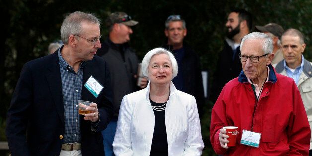 Federal Reserve Chair Janet Yellen, center, strolls with Stanley Fischer, right, vice chairman of the Board of Governors of the Federal Reserve System, and Bill Dudley, the president of the Federal Reserve Bank of New York, before Yellen's speech to the annual invitation-only conference of central bankers from around the world, at Jackson Lake Lodge in Grand Teton National Park, north of Jackson Hole, Wyo., Friday, Aug 26, 2016. (AP Photo/Brennan Linsley)