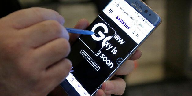 FILE - In this July 28, 2016, file photo, a screen magnification feature of the Samsung Galaxy Note 7 is demonstrated, in New York. U.S. regulators issued an official recall of Samsung's Galaxy Note 7 phone on Thursday, Sept. 15, 2016, because of a risk of fire. (AP Photo/Richard Drew, File)