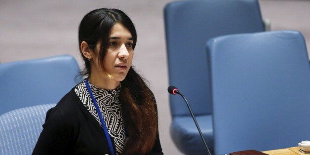Nadia Murad Basee, a 21-year-old Iraqi woman of the Yazidi faith, speaks to members of the Security Council during a meeting at the United Nations headquarters in New York, December 16, 2015. REUTERS/Eduardo Munoz