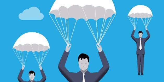 Business concept of golden parachute. Three businessmen falling down with parachutes. Financial success and good profit even in crisis times.