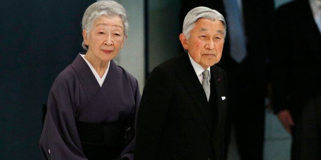 Japan's Emperor Akihito accompanied by Empress Michiko leaves during a memorial service at Nippon Budokan martial arts hall in Tokyo, Monday, Aug. 15, 2016. Japan marked Monday the 71st anniversary of the end of World War II. (AP Photo/Shuji Kajiyama)