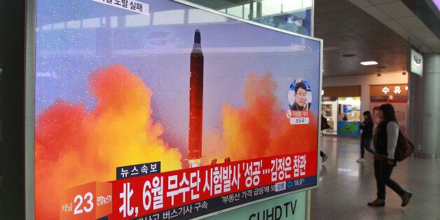 A TV screen shows a file image of a missile launch conducted by North Korea in a local news program, at Seoul Railway Station in Seoul, South Korea, Sunday, Oct. 16, 2016. South Korea and the U.S. said Sunday that the latest missile launch by North Korea ended in a failure after the projectile exploded soon after liftoff. The letters read