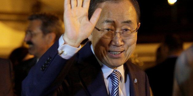 United Nations Secretary-General Ban Ki-moon waves to the media during his arrival at Jose Marti international airport in Havana, Cuba June 22, 2016. REUTERS/Enrique de la Osa