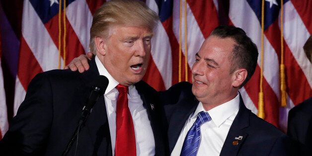 U.S. President-elect Donald Trump and Chairman of the Republican National Committee Reince Priebus (R) address supporters during his election night rally in Manhattan, New York, U.S. on November 9, 2016.  REUTERS/Mike Segar/File Photo