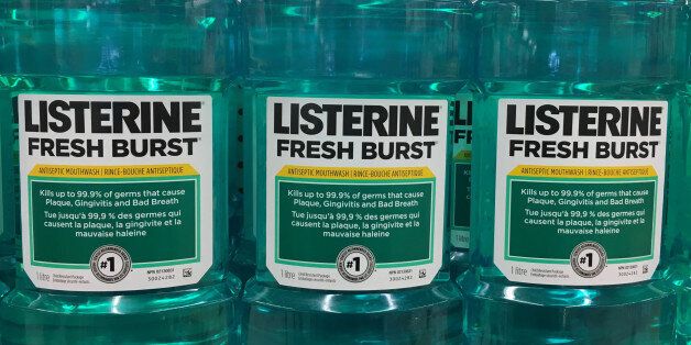 TORONTO, ONTARIO, CANADA - 2016/10/11: Listerine mouthwash in store shelf. Listerine is a brand of antiseptic mouthwash product. It is promoted with the slogan 'Kills germs that cause bad breath'. (Photo by Roberto Machado Noa/LightRocket via Getty Images)
