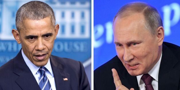 (COMBO)This combination of file photos shows US President Barack Obama speaking at the White House in Washington, DC on December 16, 2016 and Vladimir Putin speaking in Moscow on December 23, 2016.The US on December 29, 2016, fired back at Moscow over its meddling in the presidential election, announcing a series of tough sanctions against intelligence agencies, expulsions of agents and shutting down of Russian compounds on US soil. 'I have ordered a number of actions in response to the Russian