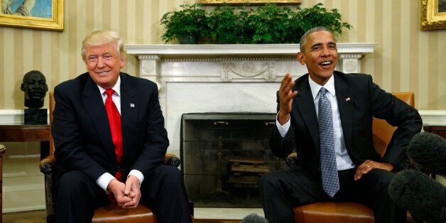 U.S.  President Barack Obama (R) meets with President-elect Donald Trump to discuss transition plans in the White House Oval Office in Washington, U.S., November 10, 2016.  REUTERS/Kevin Lamarque