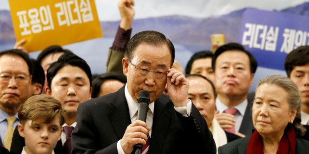 Former UN chief Ban Ki-moon speaks during a news conference upon his arrival at the Incheon International Airport in Incheon, South Korea, January 12, 2017.  REUTERS/Kim Hong-Ji